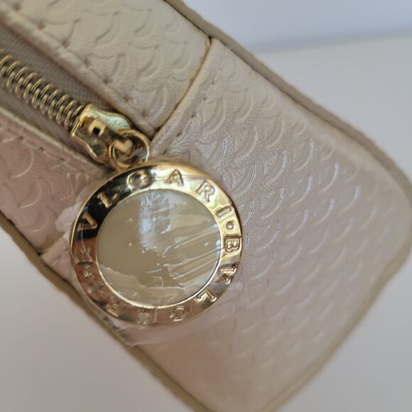 Bulgari Parfums Cosmetic Toiletry Case Champagne Beige Pouch Medium Bag Logo Zip - Picture 7 of 11